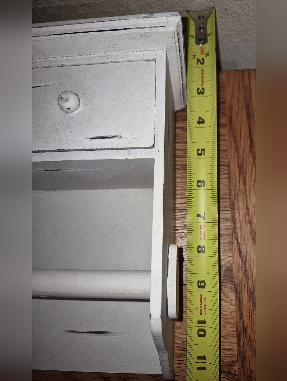 Shabby chic White Wood Wall Shelf features three top drawers and a towel bar - Picture 4 of 5
